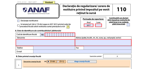 Declarația 110 - formular PDF inteligent ANAF